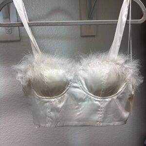 Meraki White Satin Bralette with Feather Trim